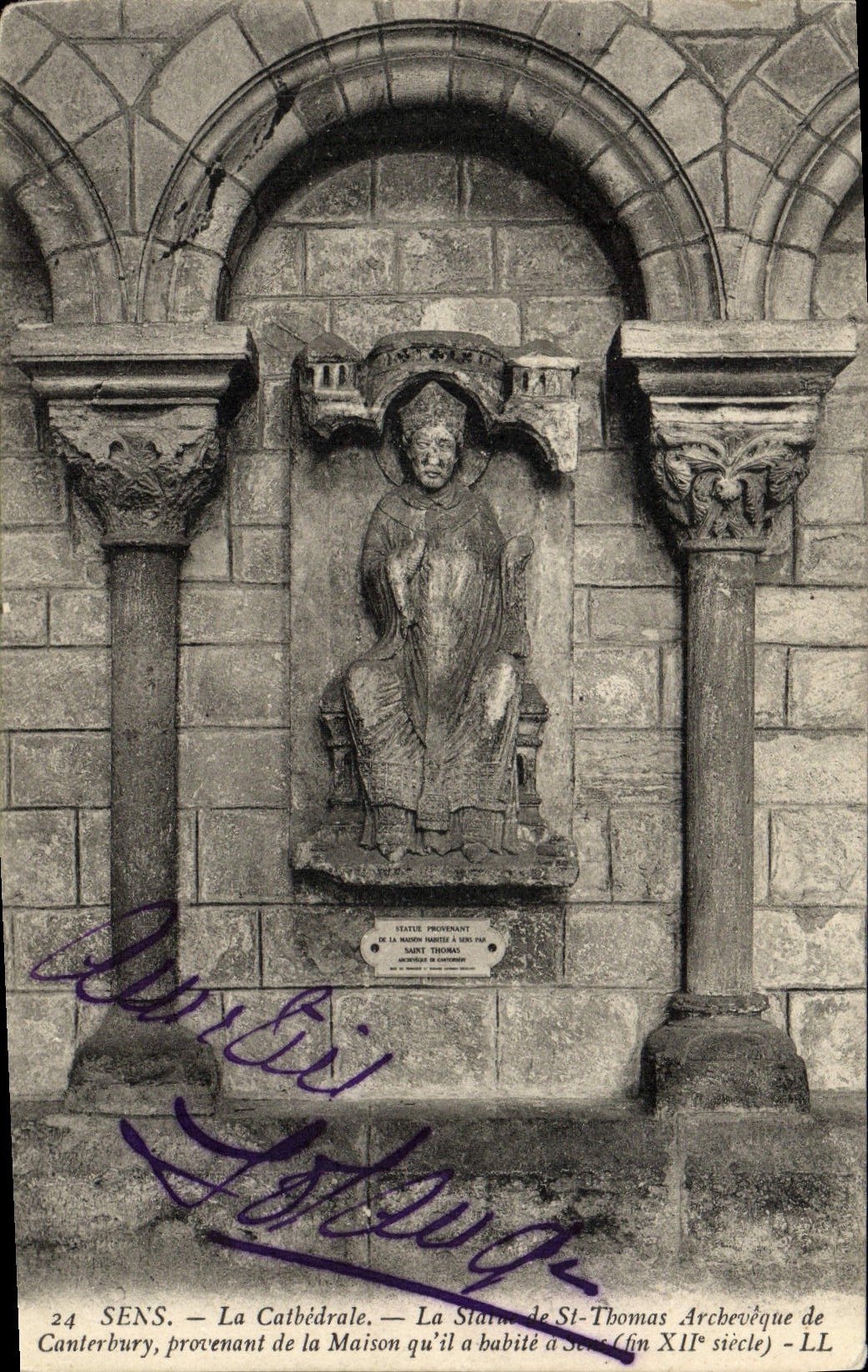 POSTAL de la VENDIMIA Sens la catedral la estatua del arzobispo del St Thomas de Cantorbery