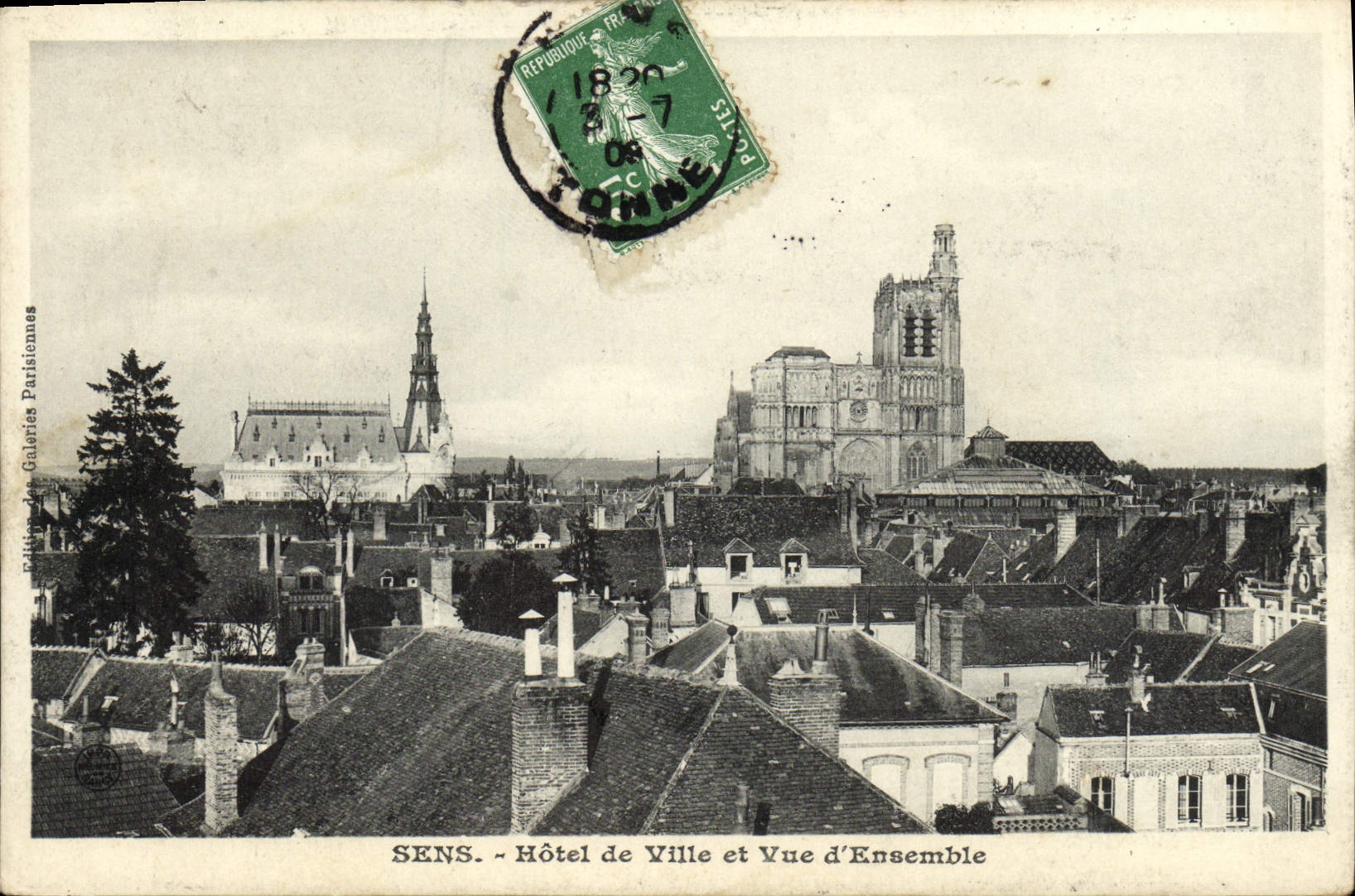 VINTAGE POSTCARD Sens Town hall and Overall picture
