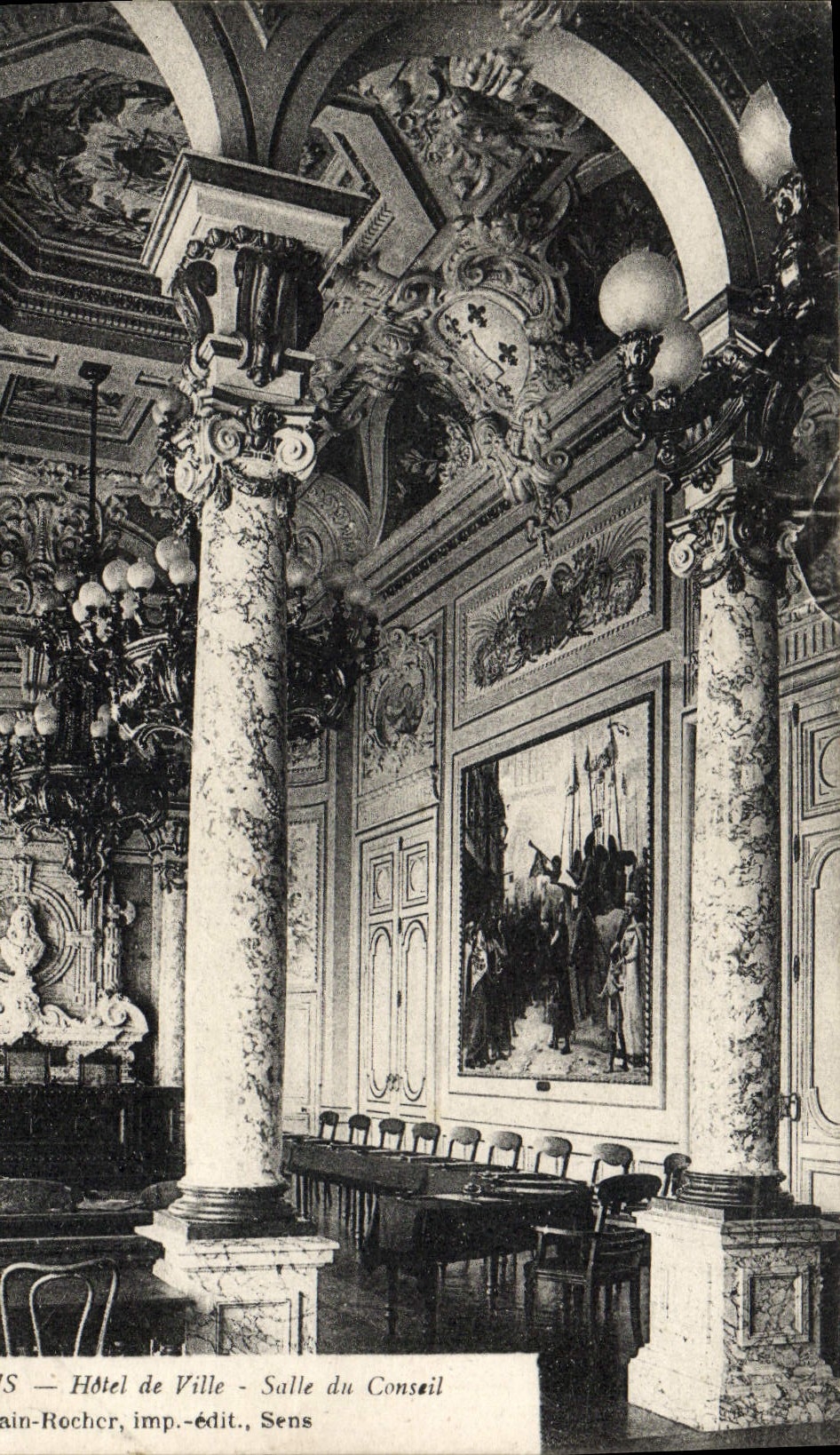 VINTAGE POSTCARD Sens Town hall Room of the Council