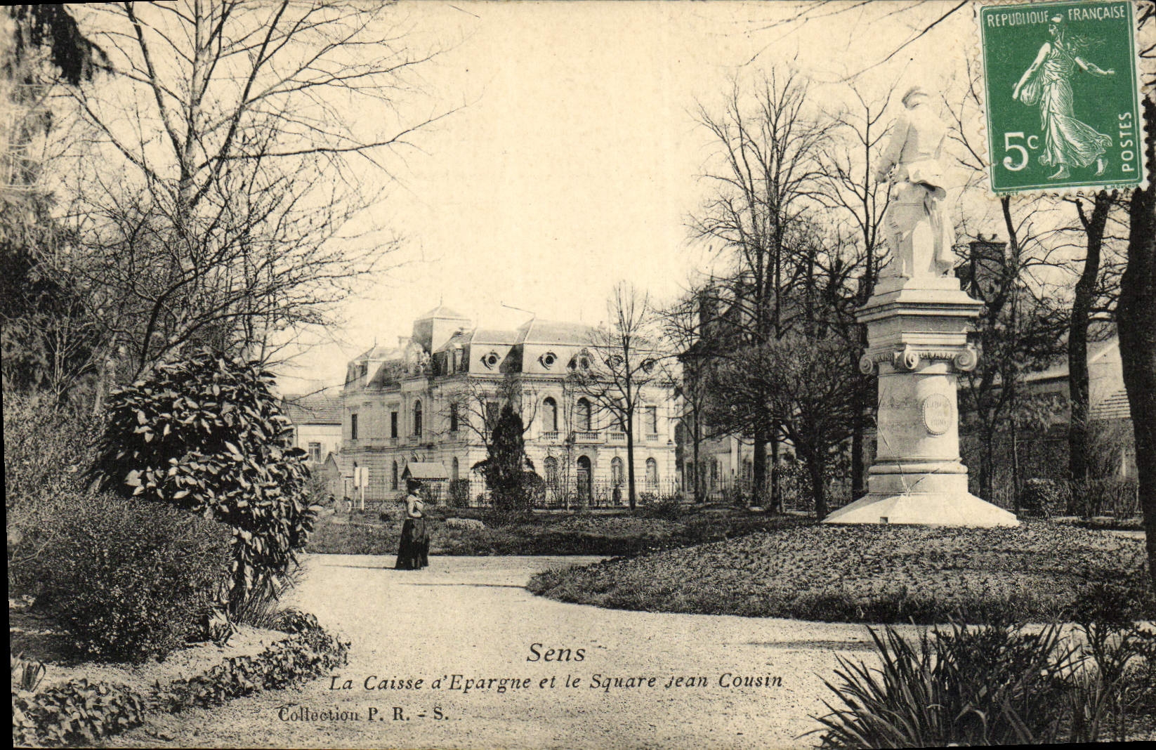 VINTAGE POSTCARD Sens the Savings bank and the Public garden Jean Cousin