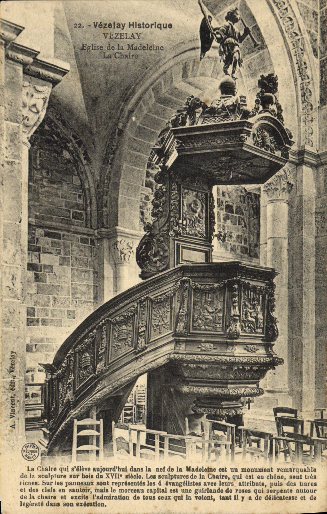 Iglesia de Vezelay de la POSTAL de la VENDIMIA de la Madeleine el púlpito