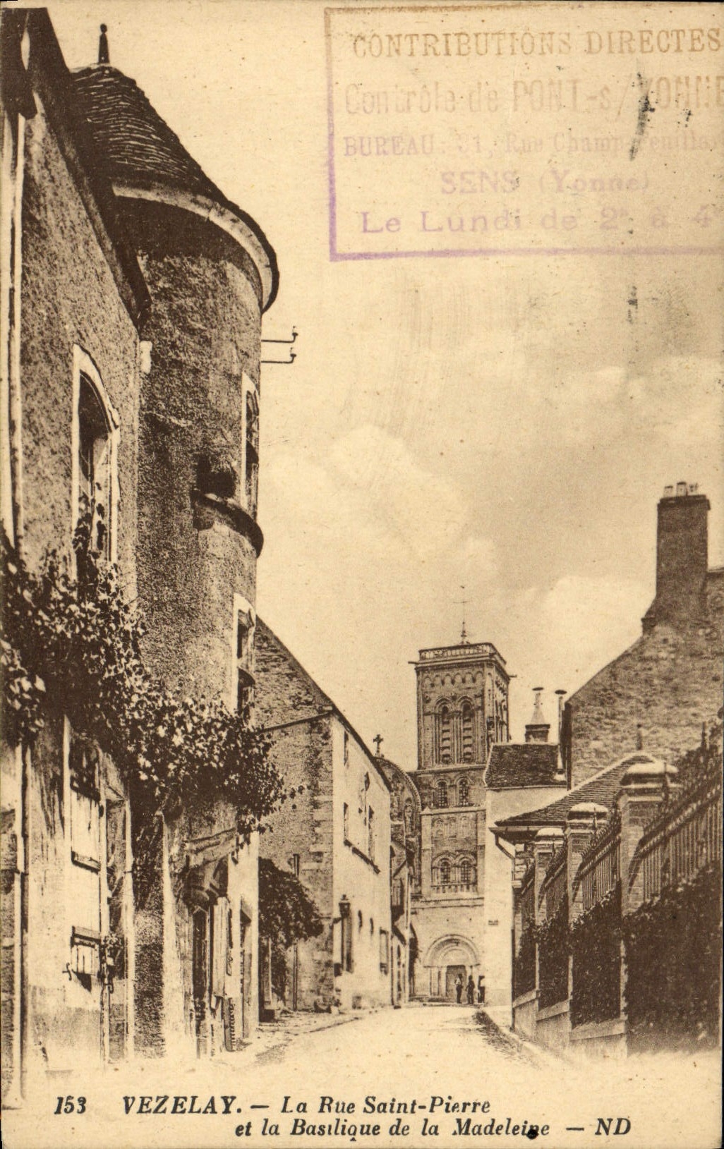 POSTAL Vezelay de la VENDIMIA el Saint Pierre de la calle y la basílica de la Madeleine