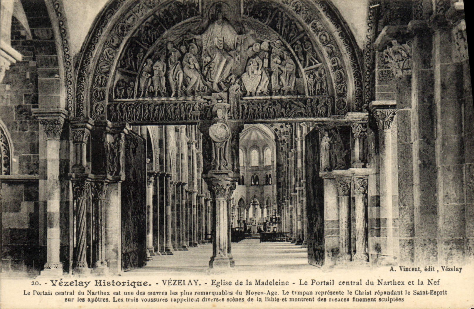 VINTAGE POSTCARD Vezelay Church of the Madeleine the central Gate of Narthex and the nave