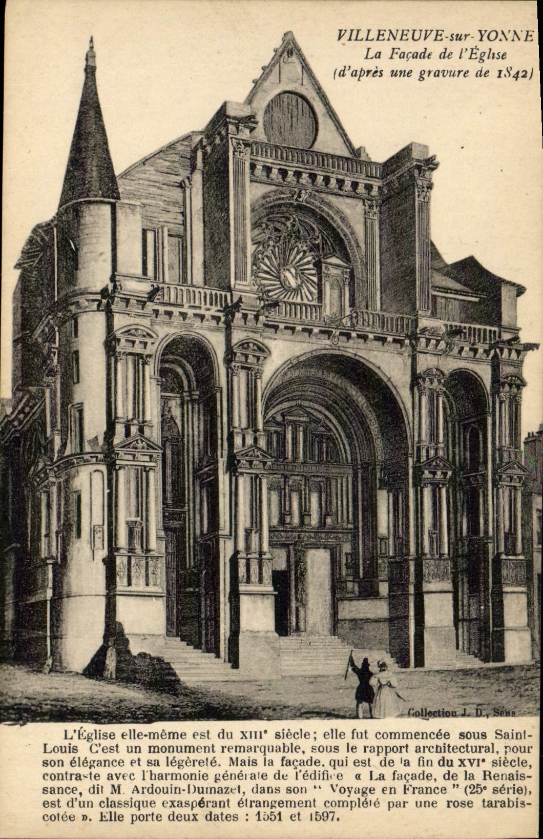 POSTAL Villeneuve de la VENDIMIA en Yonne el ataque frontal de la iglesia según un grabado de 1842