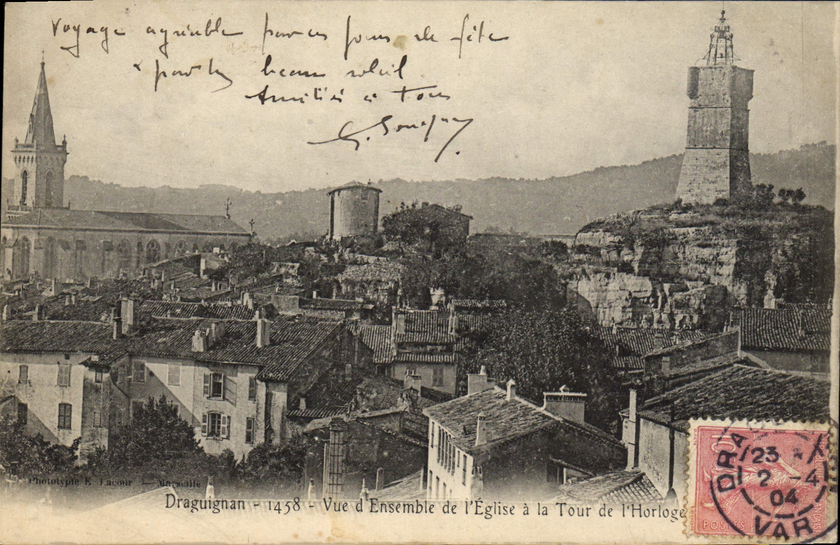VINTAGE POSTCARD Draguinan Seen of Esemble Of the Church To the Tower Of the Clock