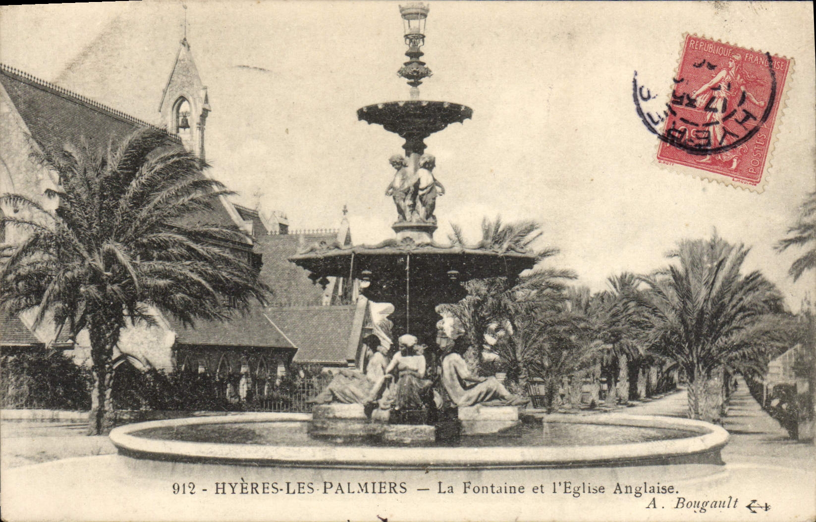 Palmeras de Hyeres de la POSTAL de la VENDIMIA la fuente y el inglés de I Eglise
