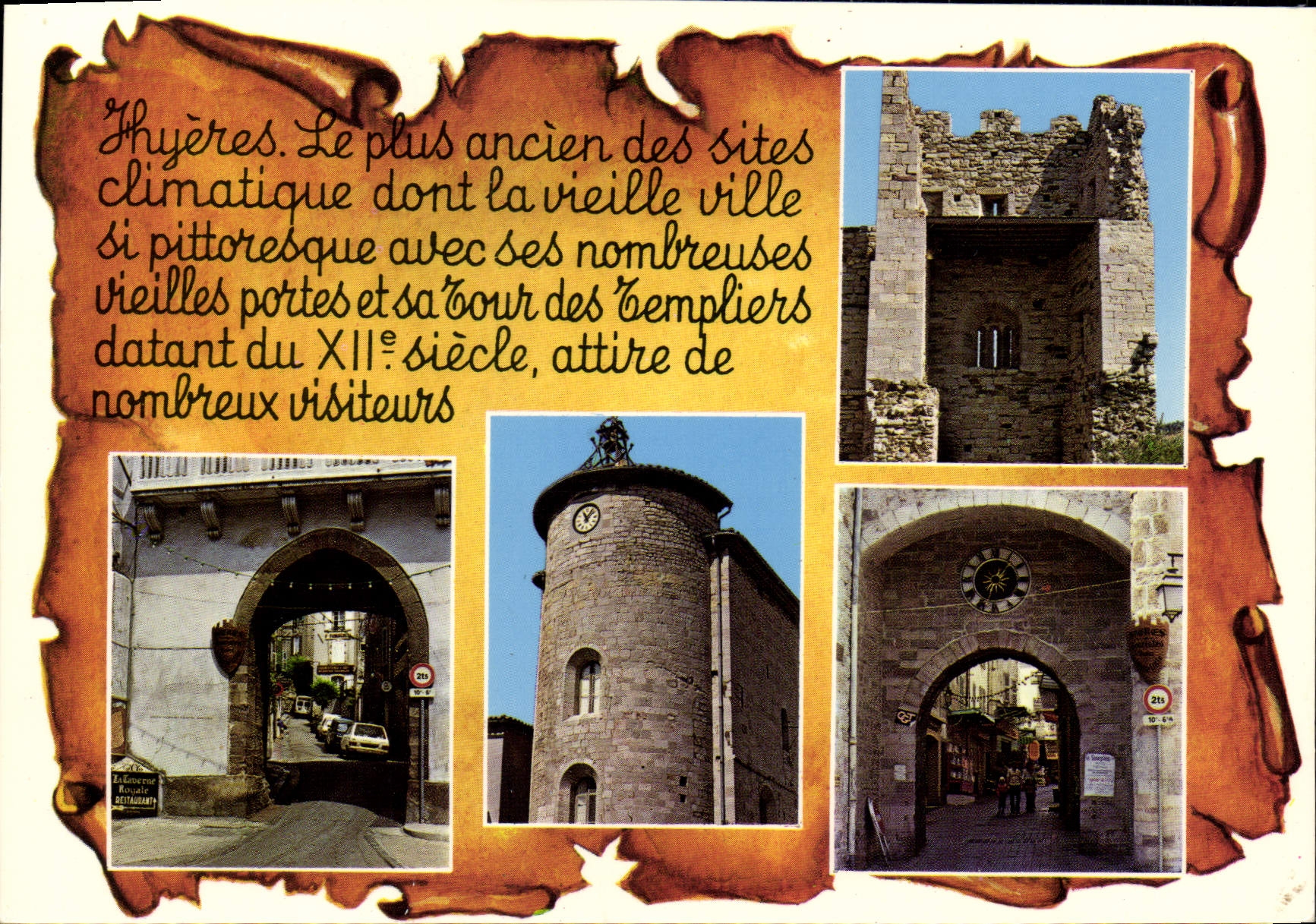 POSTAL MODERNA palmeras de Hyeres una torre del castillo la puerta de la vuelta de Fenouillet de Templiers la puerta de Massillon