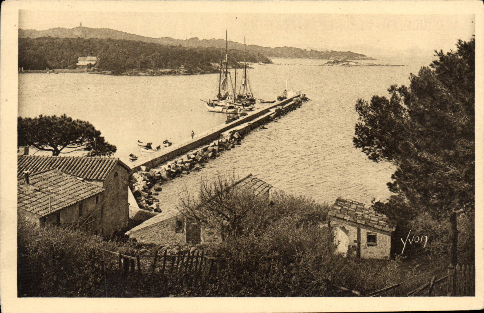 Islas de la POSTAL de la VENDIMIA de Hyeres Porquerolies el barco de los caminos