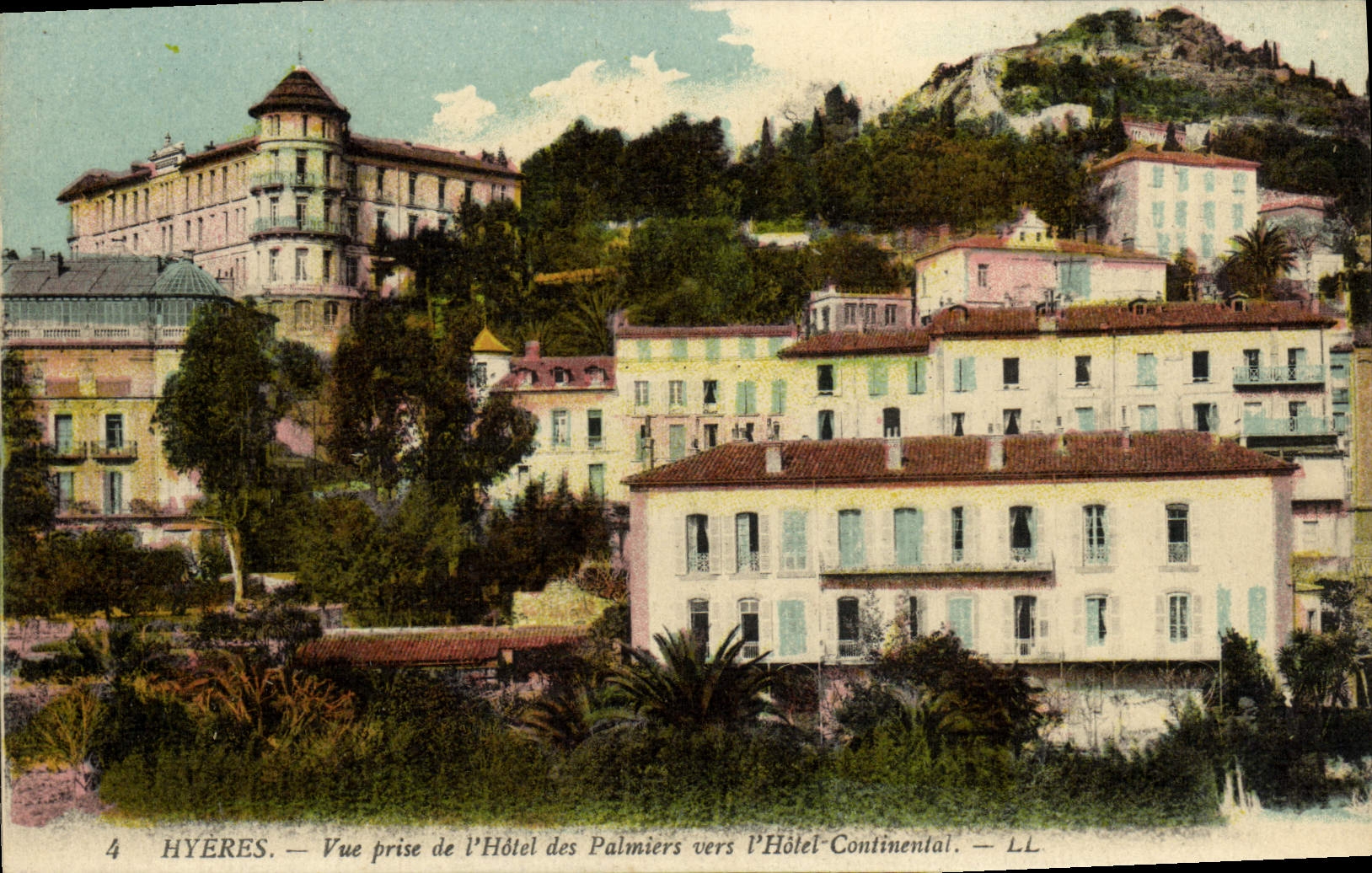 POSTAL Hyeres de la VENDIMIA vista del hotel de I de las palmeras hacia el hotel continental