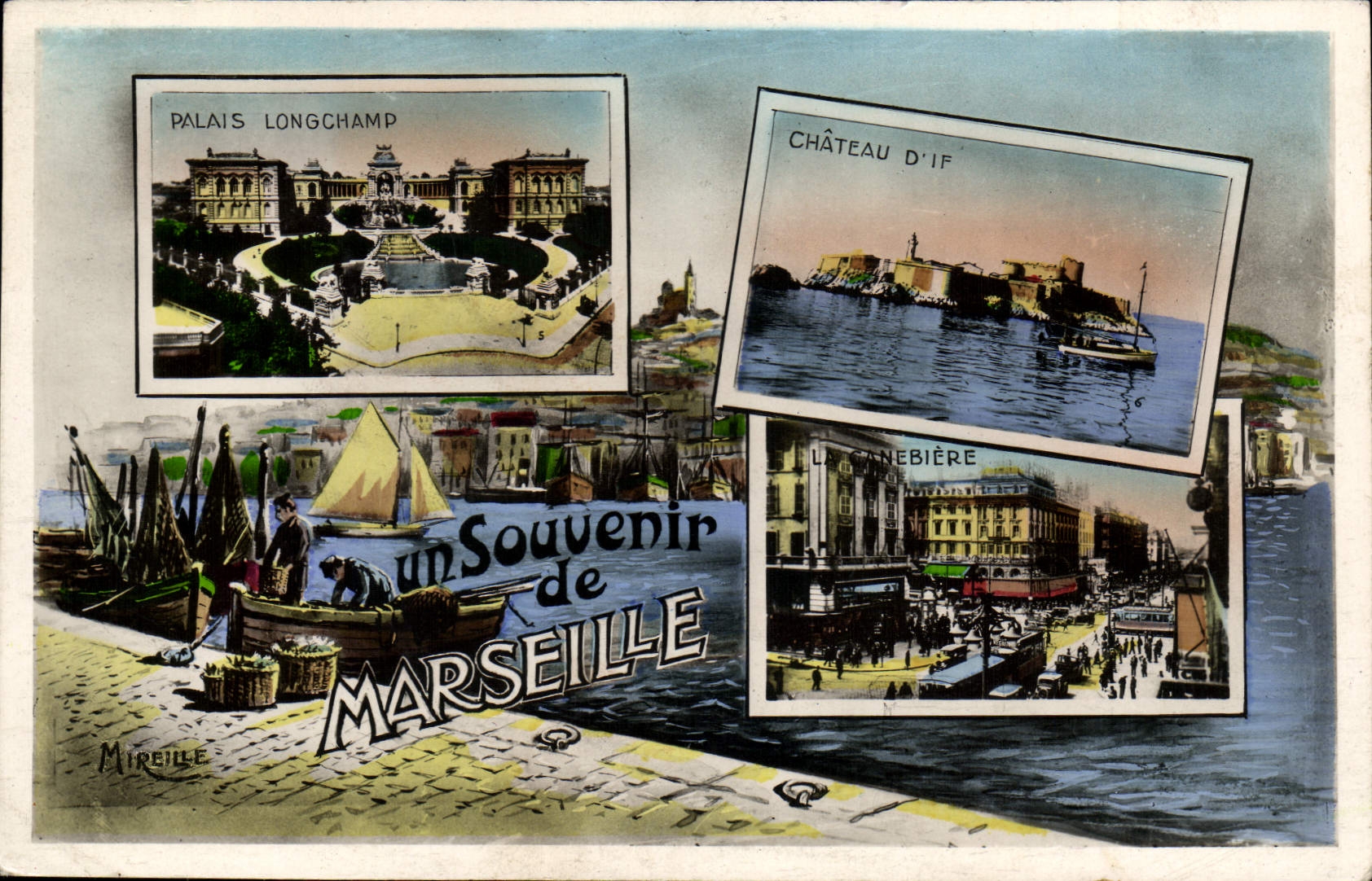 CPA Marseille Un Souvenir Palais de Longchamp Chateau d'if Cannebiere 