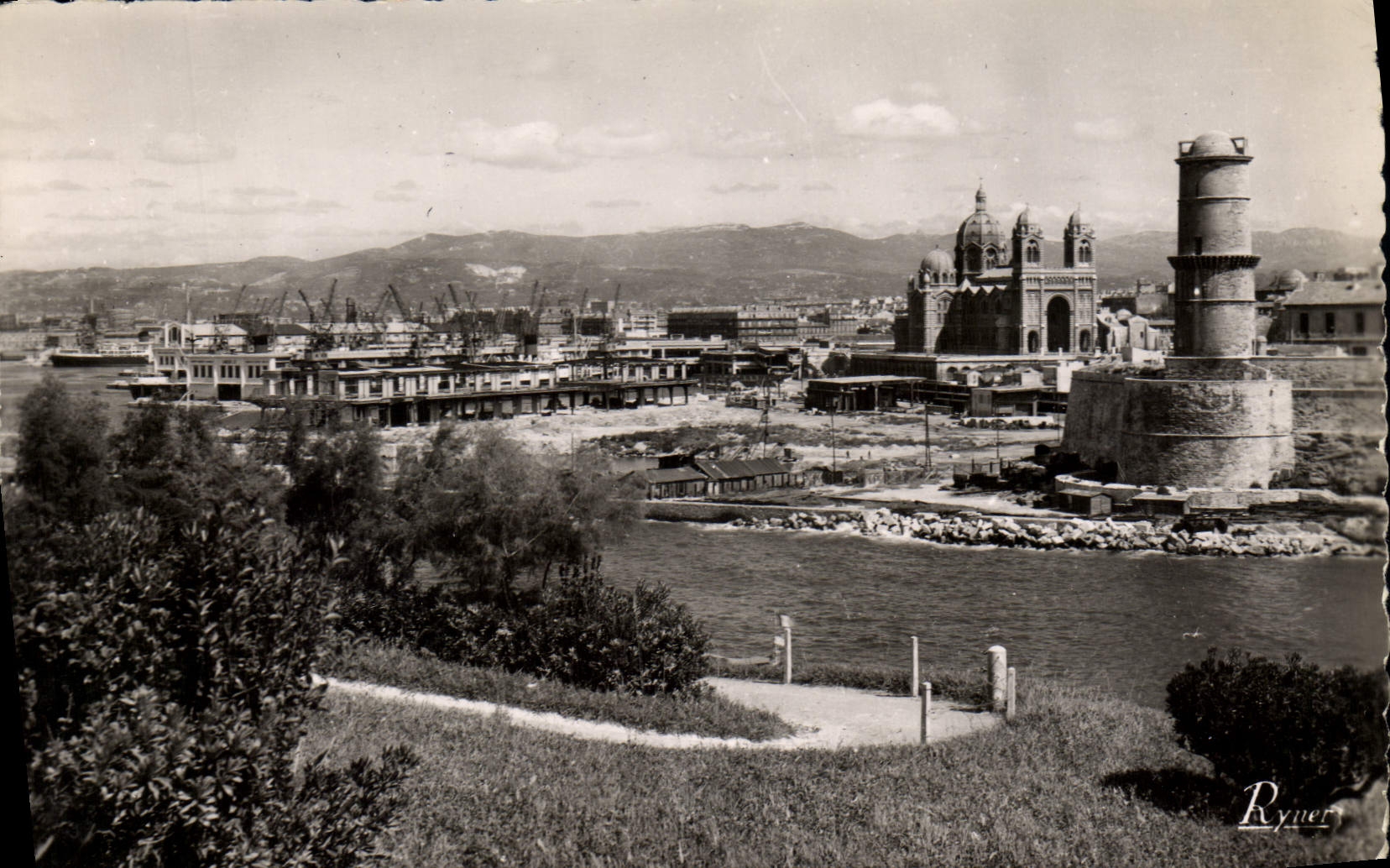 CPM Marseille Les Quais et la Cathedrale Vus du Jardin du Pharo