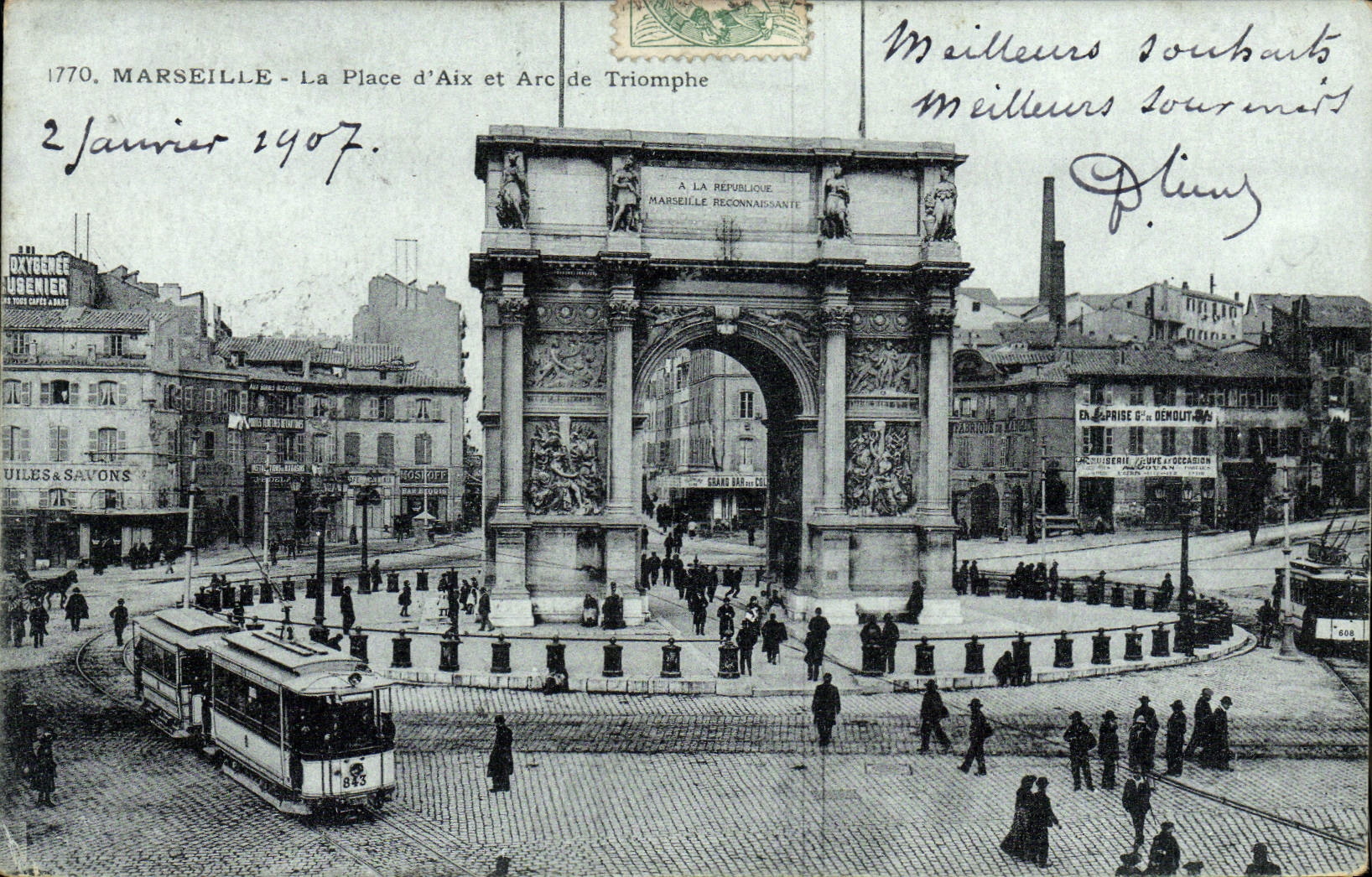 CPA Marseille La Place d'Aix et Arc de Triomphe Tramway