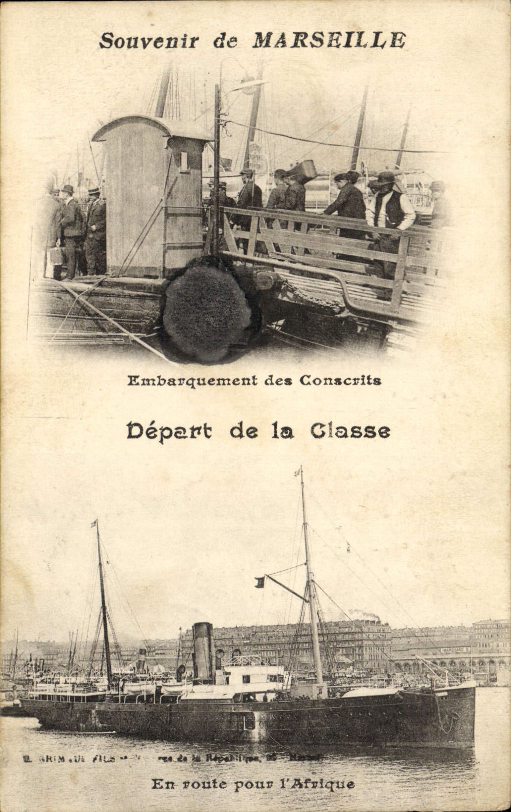 CPA Souvenir de Marseille Embarquement des conscrits En route pour l'Afrique Bateau 