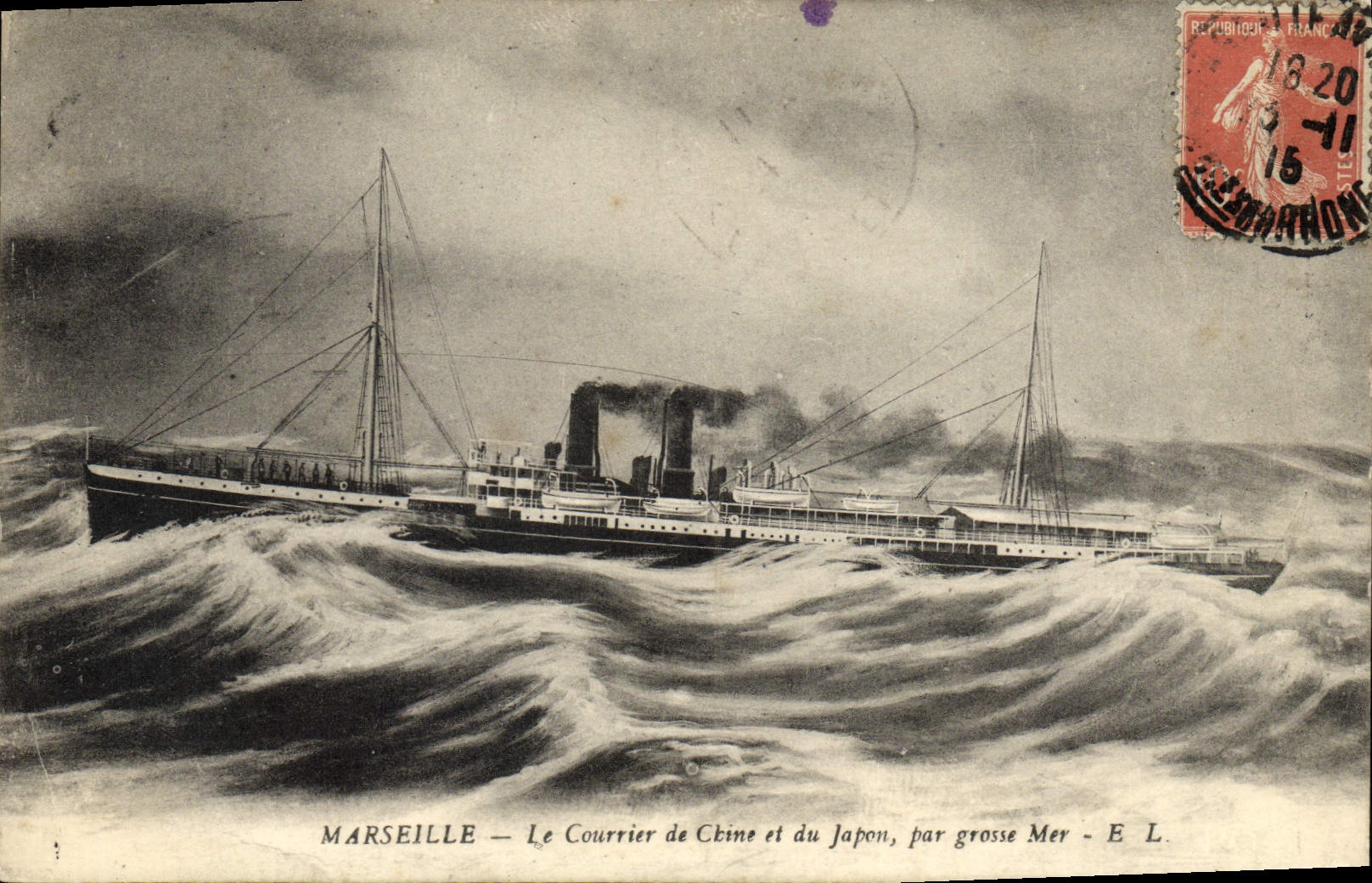 CPA Marseille Le Courrier de Chine et du Japon par grosse Mer Bateau