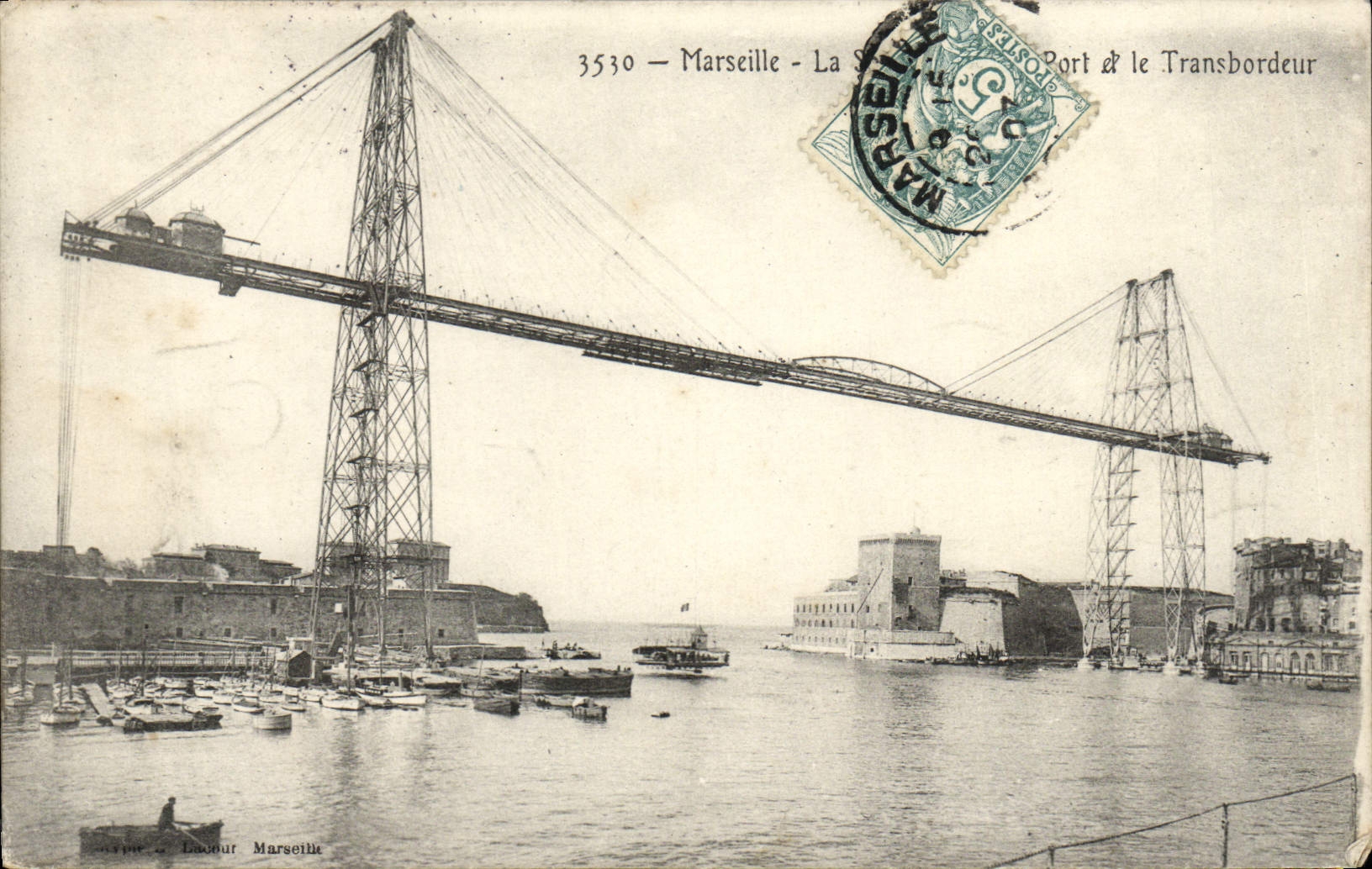 La POSTAL Marsella de la VENDIMIA el puerto y el transportador tiende un puente sobre