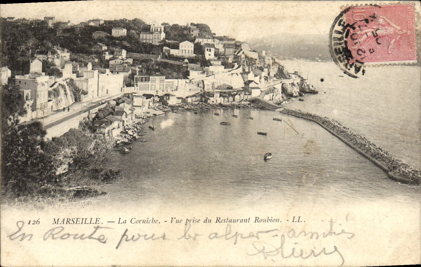 POSTAL Marsella de la VENDIMIA la cornisa vista del restaurante de Roubion