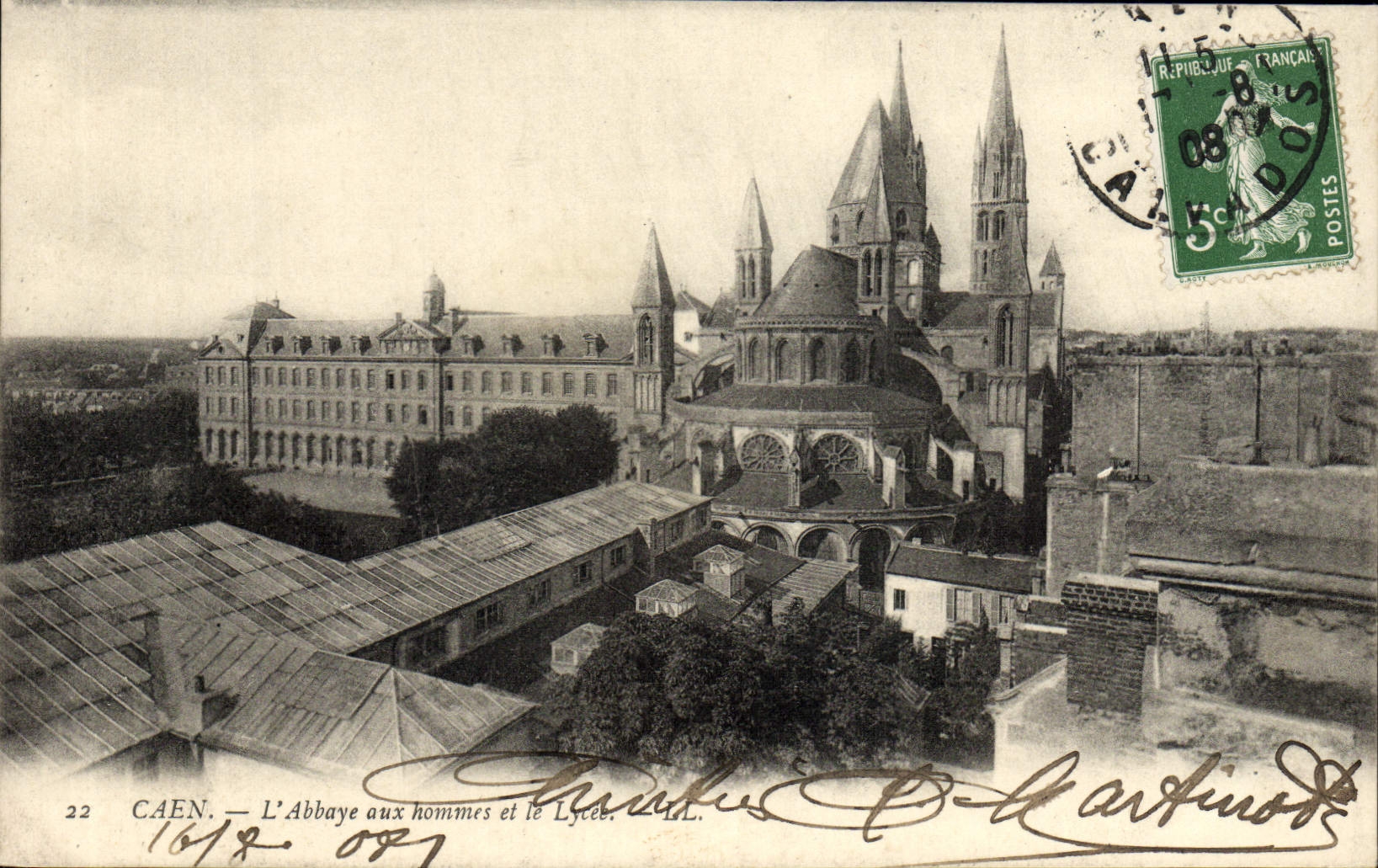 Abadía de Caen de la POSTAL de la VENDIMIA con los hombres y la universidad