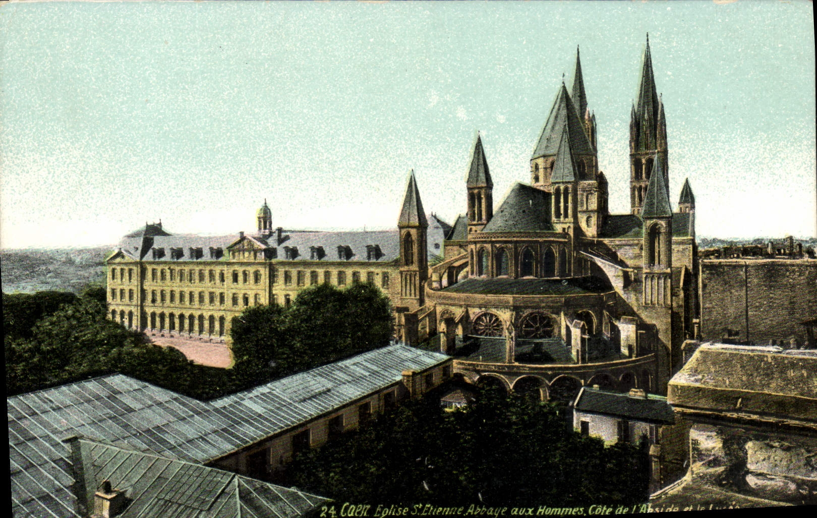 CPA Caen Eglise St Etienne Abbaye aux Hommes Cote de l'abside et le lycee
