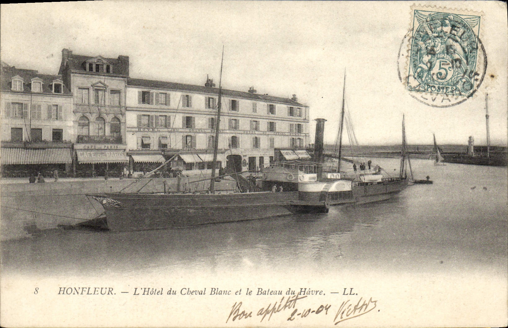 POSTAL Honfleur de la VENDIMIA el hotel del caballo blanco y del barco de Le Havre