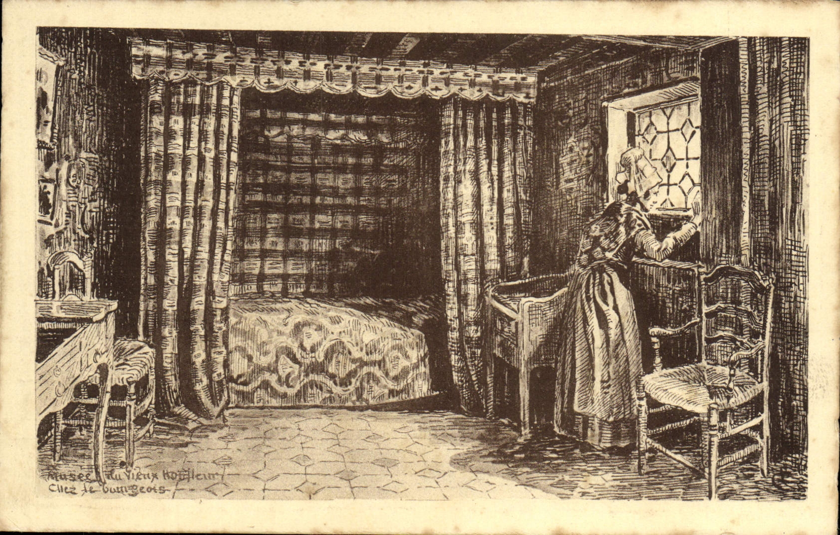 VINTAGE POSTCARD Honfleur Of the Old man At the Middle-class man