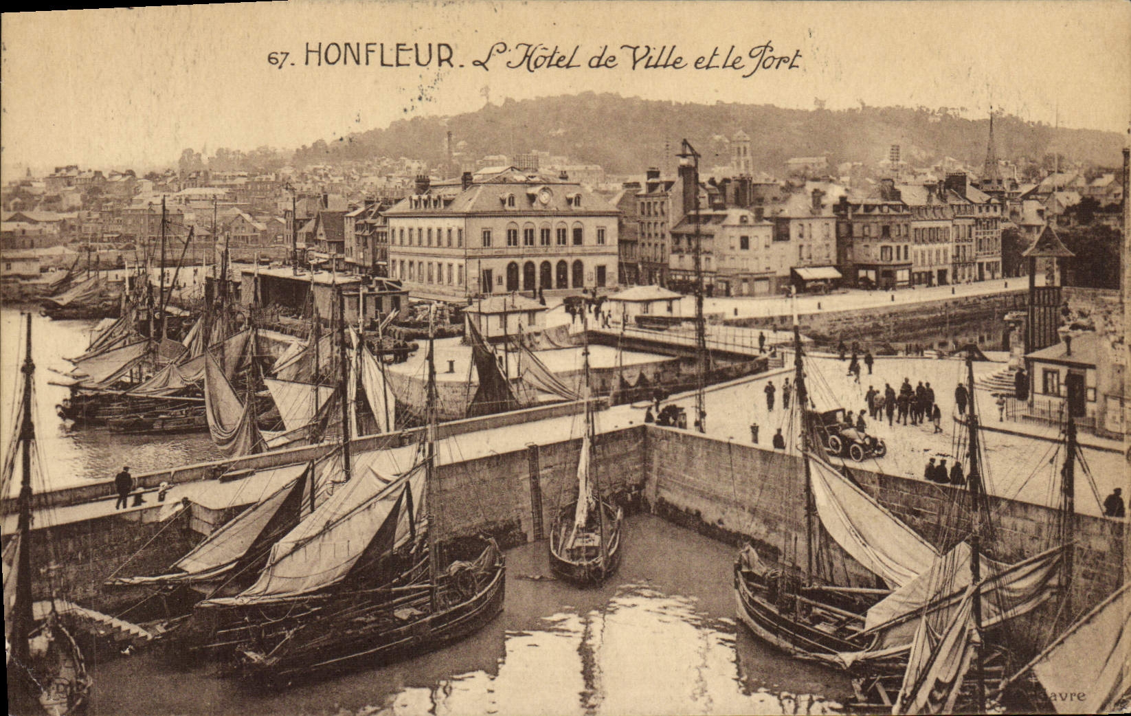 VINTAGE POSTCARD Honfleur the Town hall and the Port Boats
