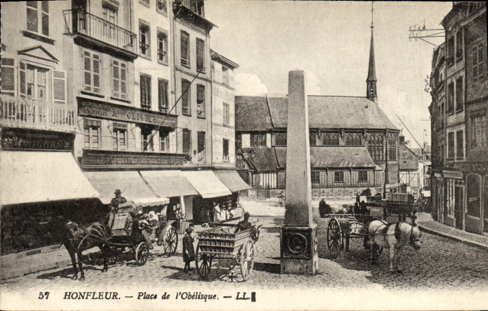VINTAGE POSTCARD Honfleur Places Obelisk Horse