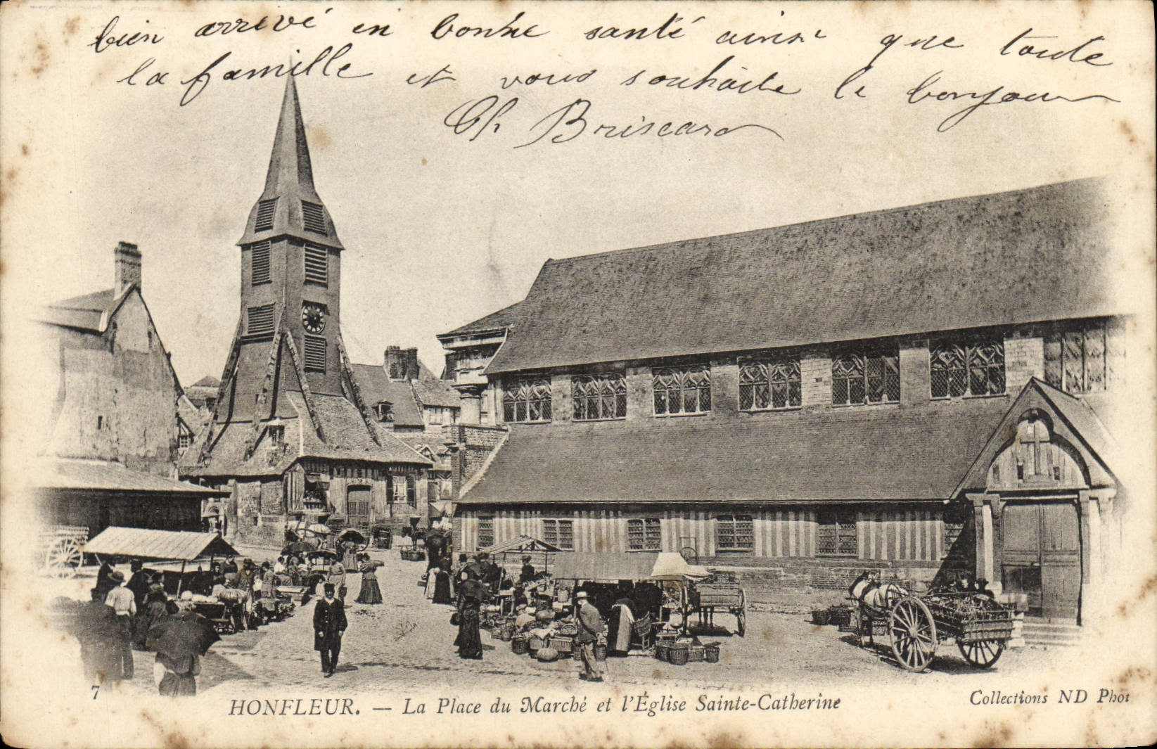 POSTAL Honfleur de la VENDIMIA el lugar del mercado y de la iglesia Sainte Catherine