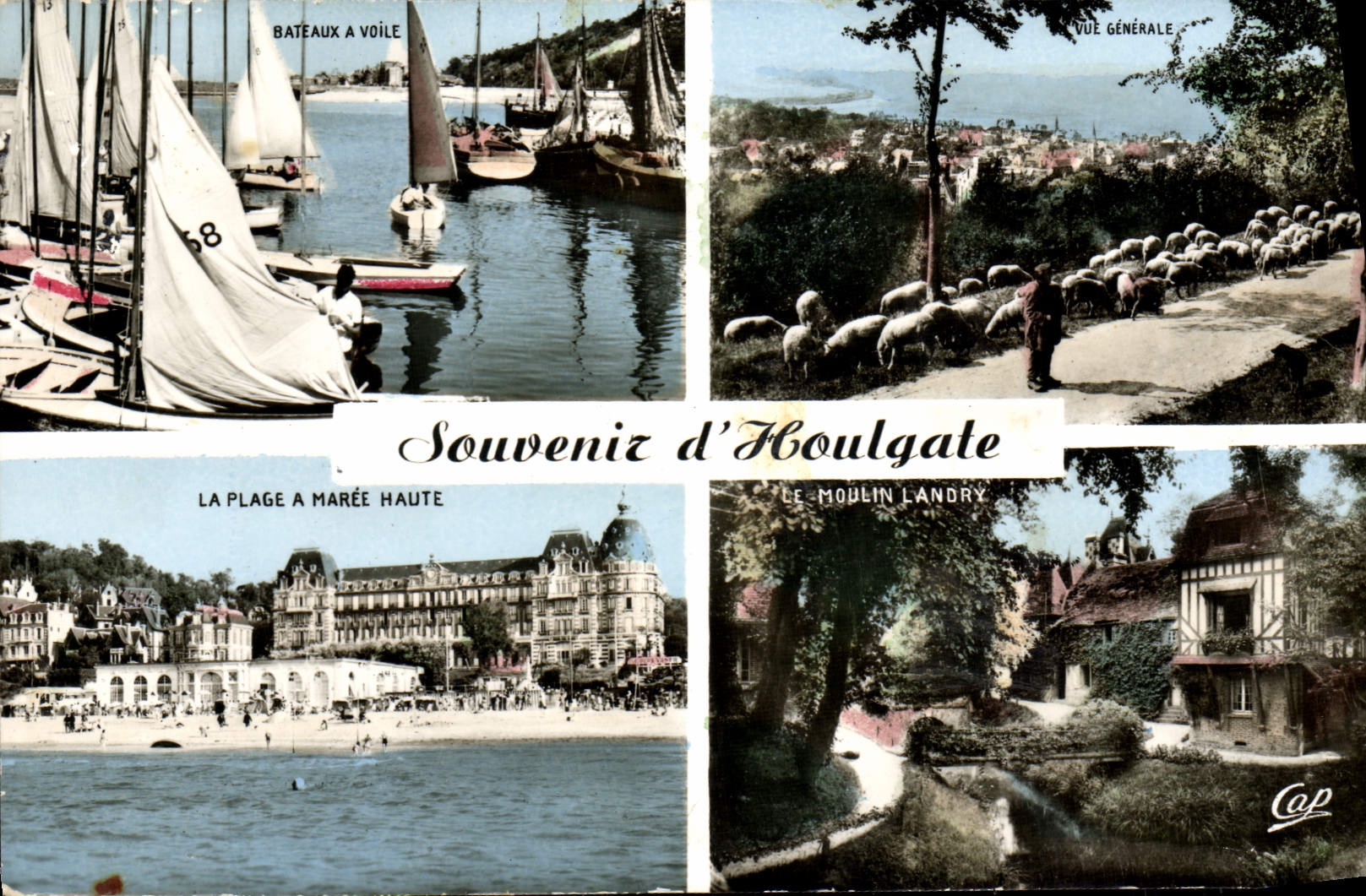 POSTAL MODERNA la oveja del pastor de la opinión de barcos de navegación de Houlgate la playa tiene alta marea el molino de Landry