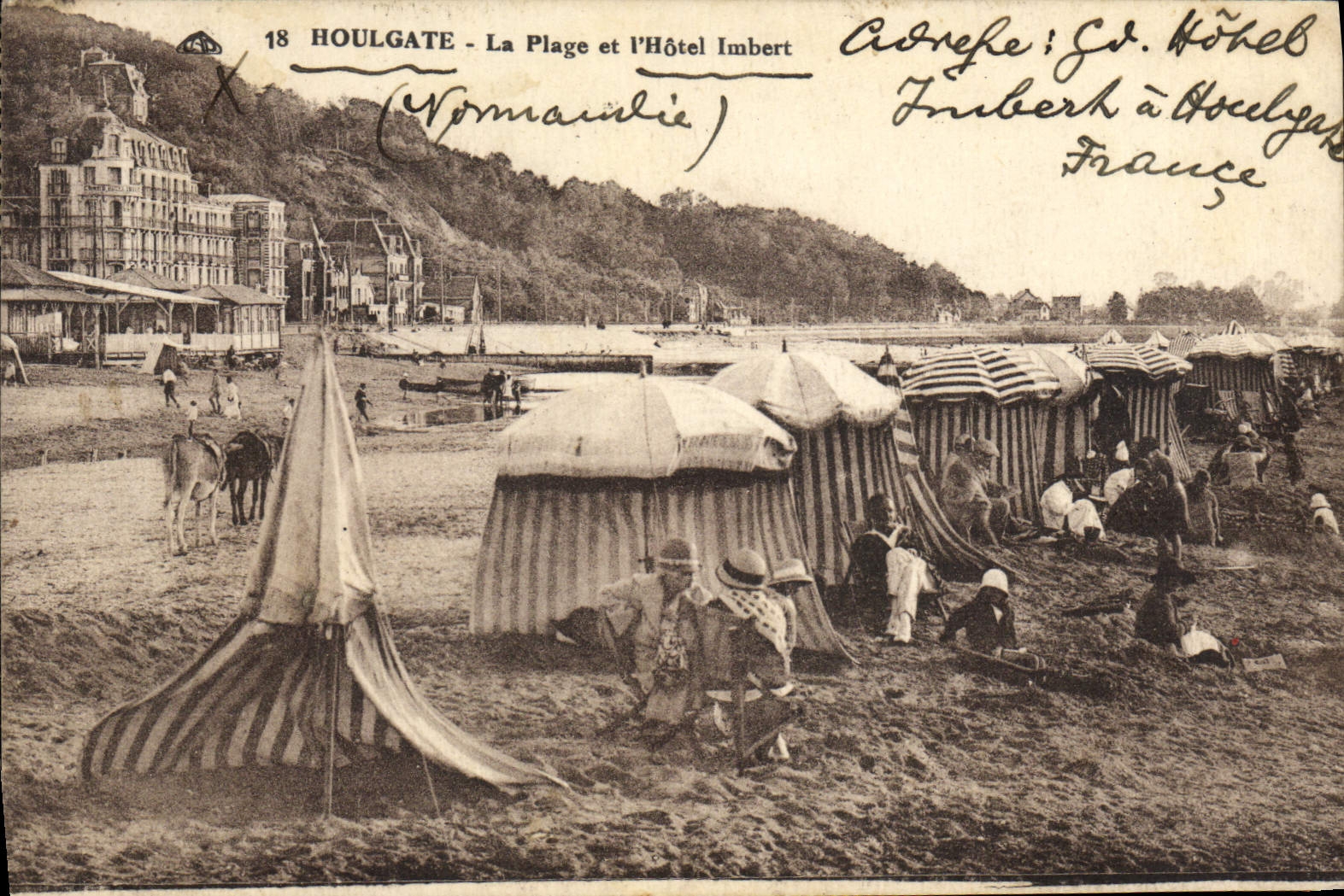 POSTAL Houlgate de la VENDIMIA la playa y la mula del asno de los niños del lmbert del hotel