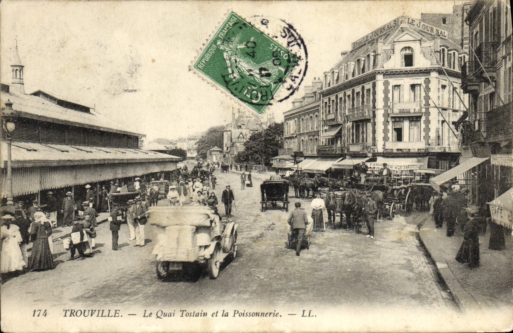 La POSTAL Trouville de la VENDIMIA el Tostain Quay y el pescado del automóvil hace compras