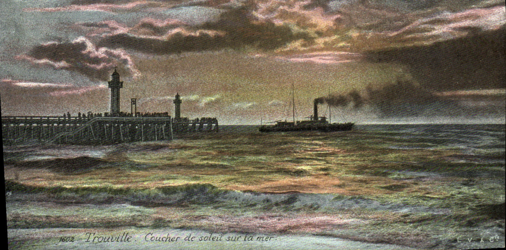 CPA Trouville Coucher de soleil sur la mer Bateau