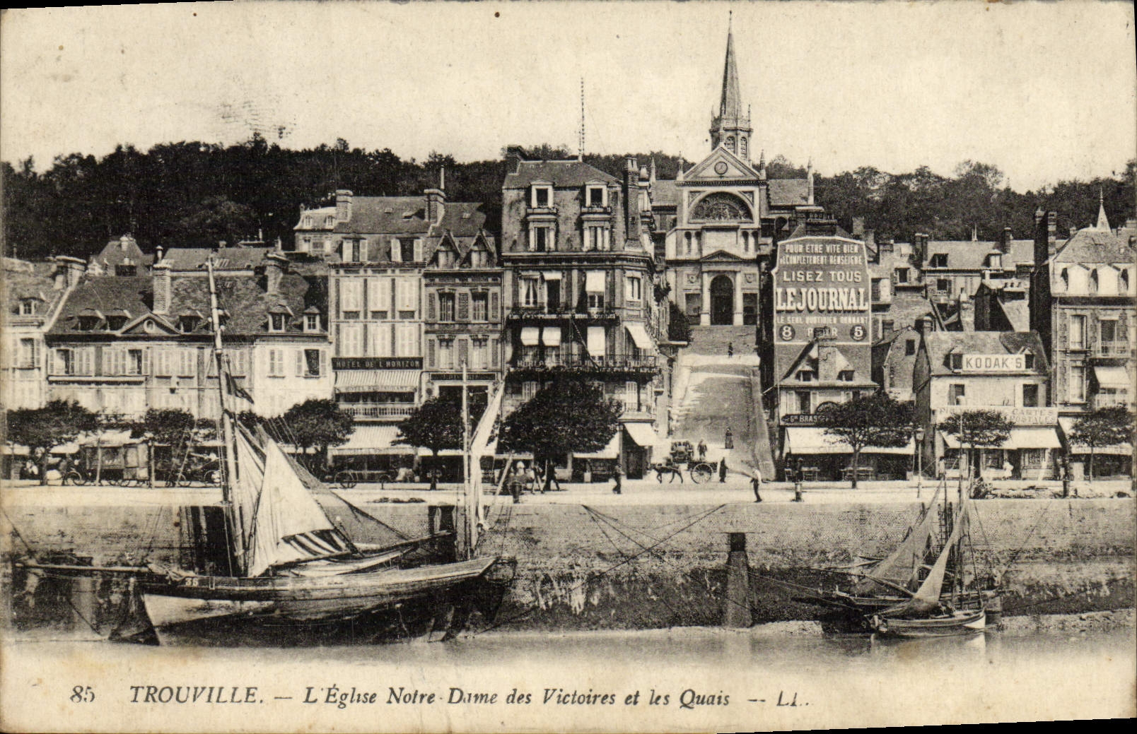 VINTAGE POSTCARD TrouvilleL' church Our lady of the victories and the quays Boats
