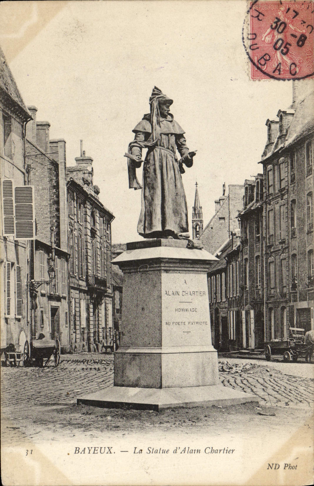 POSTAL Bayeux de la VENDIMIA la estatua de Alain Chartier