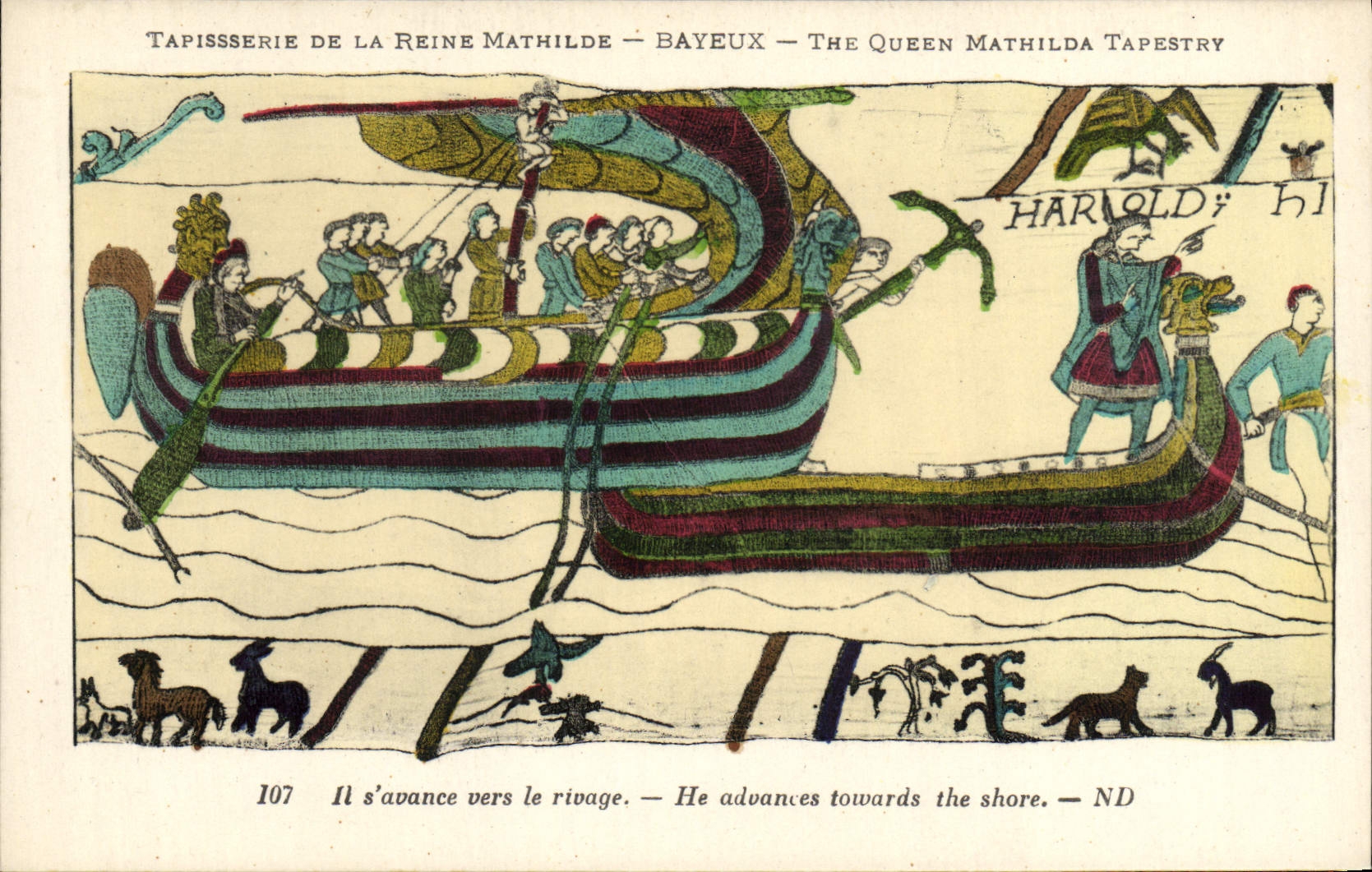 VINTAGE POSTCARD Tapisserie of the queen mathilde Bayeux It advances towards the shore