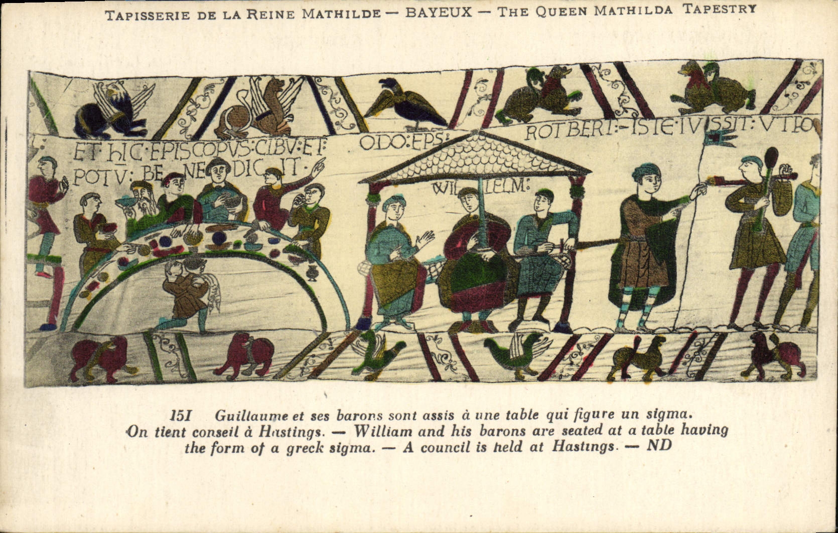 CPA Tapisserie de la reine mathilde Bayeux Guillaume et ses barons sont assis a une table