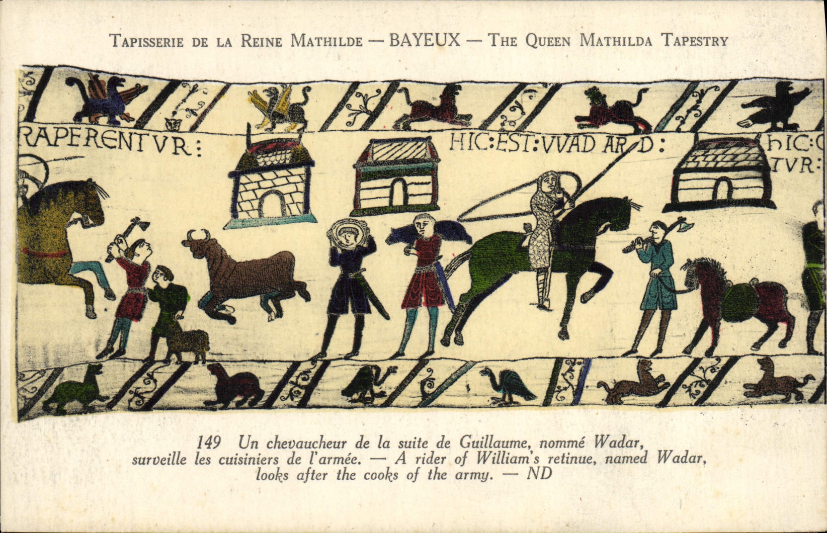 La POSTAL Tapisserie de la VENDIMIA de la reina Matilde Bayeux un chevauchor de la continuación de Guillermo nombra Wadar