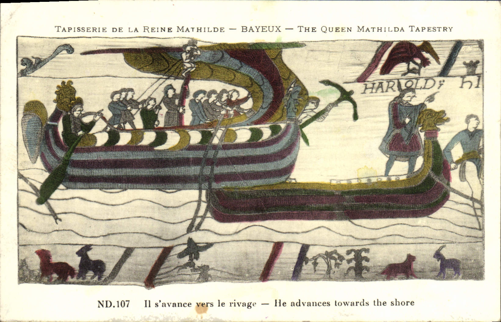 POSTAL Tapisserie de la VENDIMIA de la reina Matilde Bayeux que avanza en la orilla