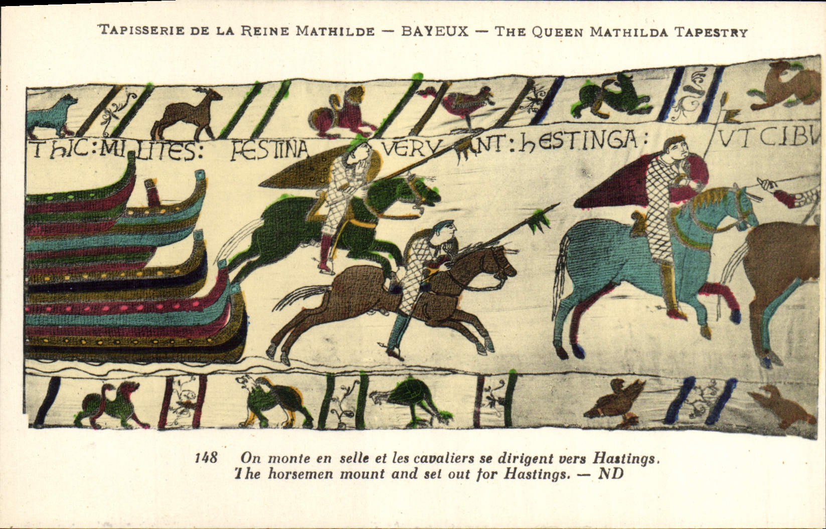 La POSTAL Tapisserie de la VENDIMIA de la reina Matilde Bayeux una entra para arriba en caballos de silla de montar