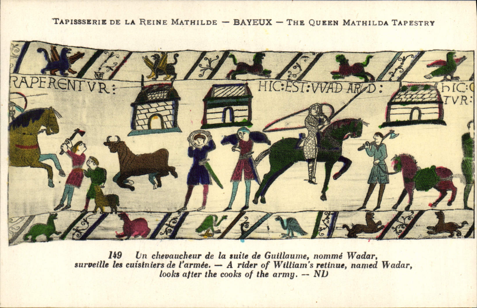 Tapicería de la POSTAL de la VENDIMIA de la reina Matilde Bayeux un chevauchor de la continuación de Guillermo