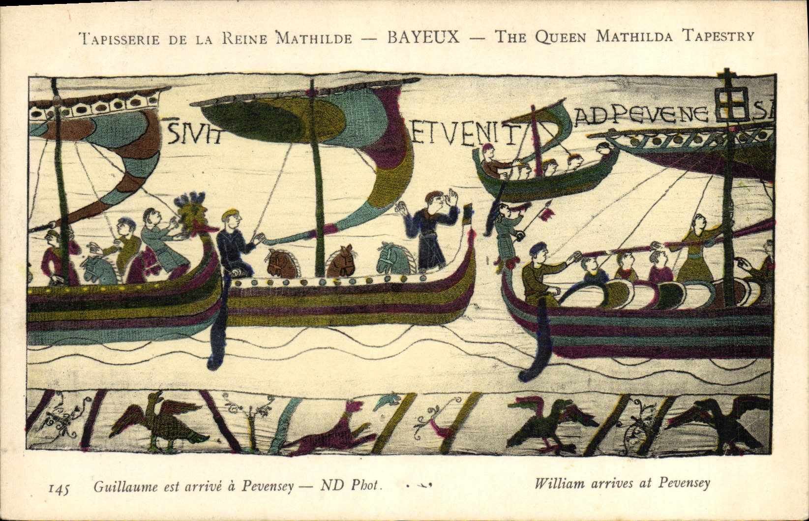 La POSTAL Tapisserie de la VENDIMIA de la reina Matilde que llegó Bayeux Guillermo tiene Pevensey