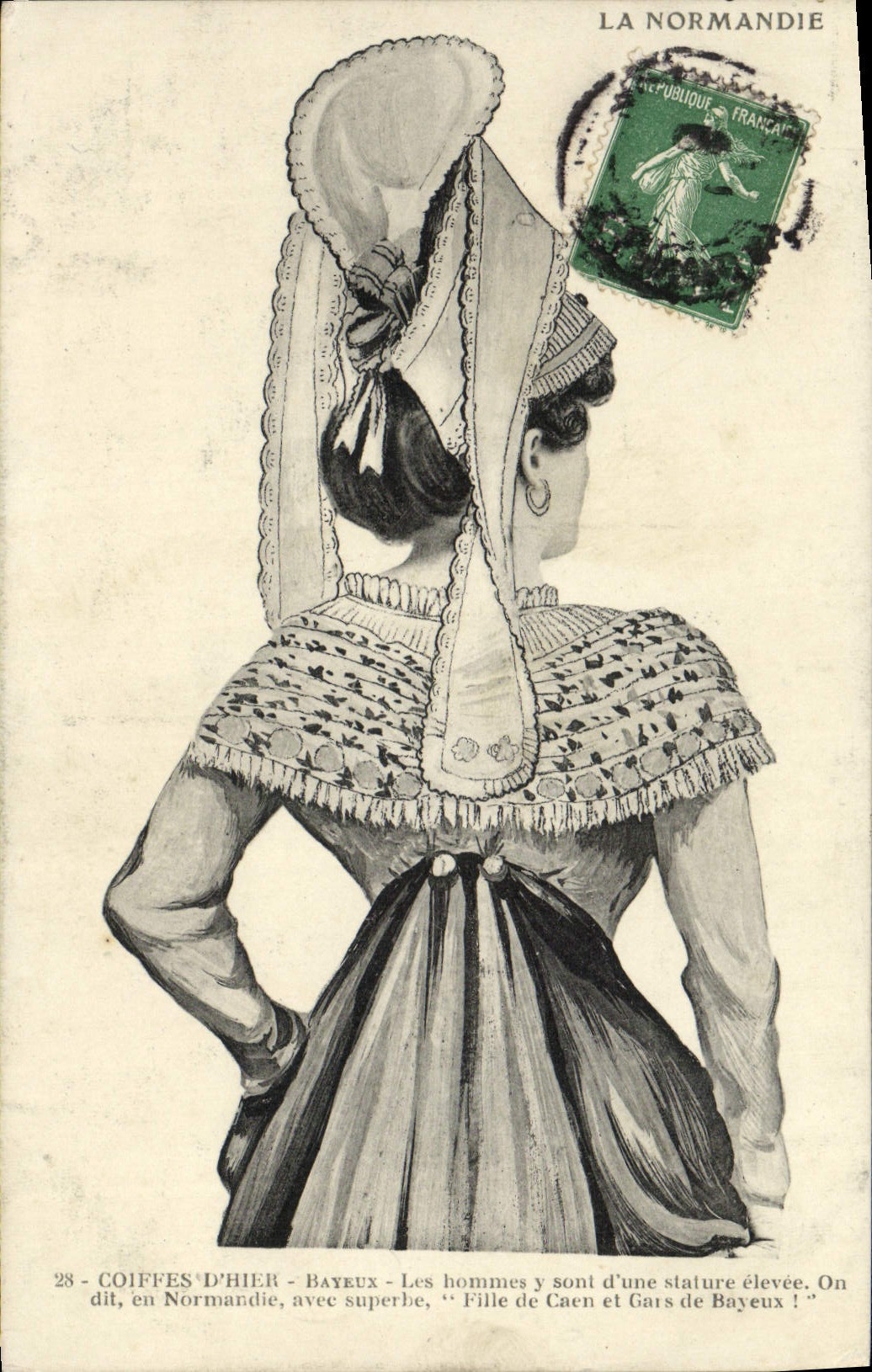 CPA Bayeux Coiffes d'hier Fille de Caen et Gars de Bayeux Folklore Costume