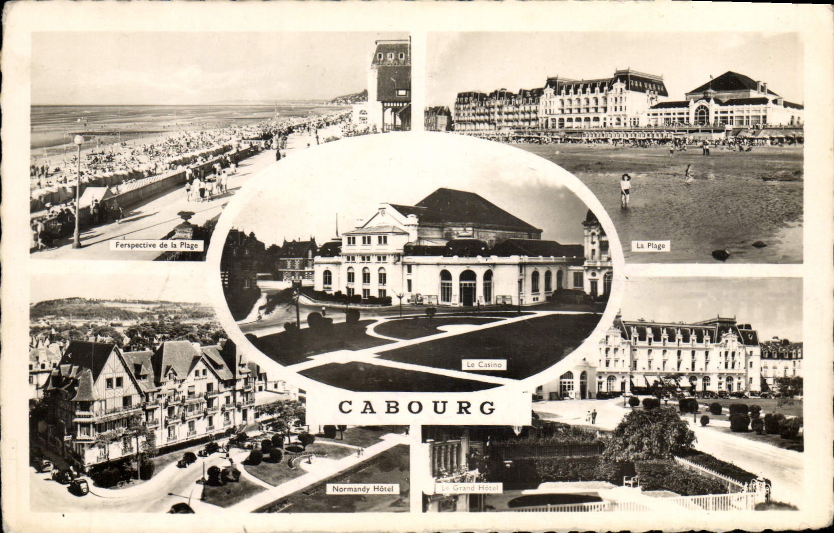 POSTAL Cabourg de la VENDIMIA la playa de la perspectiva del hotel de Normandía de la playa