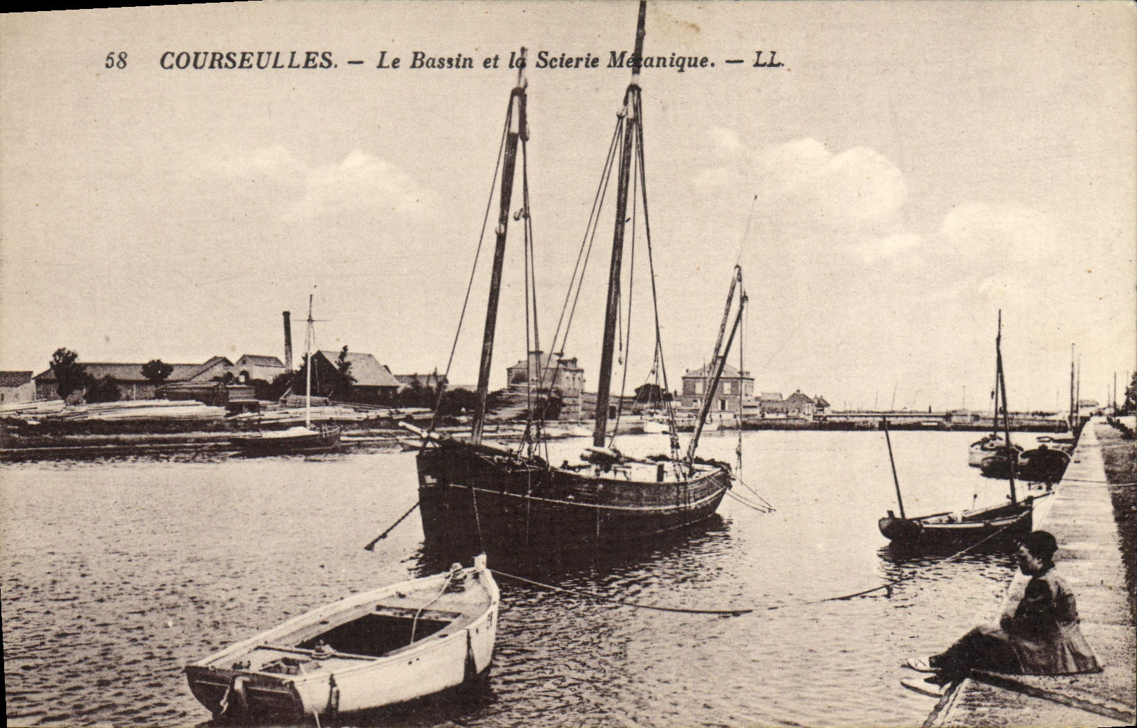 VINTAGE POSTCARD Courseulles the Basin and the Mechanical Sawmill Boat