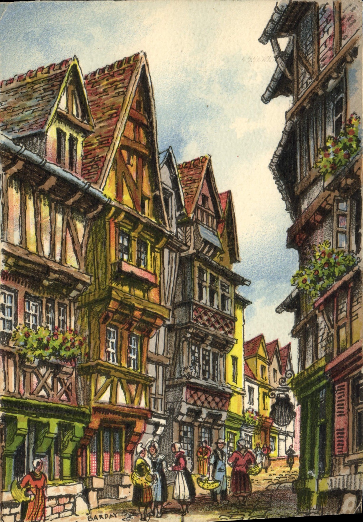 Casas de las mujeres mayores de Lisieux de la POSTAL de la VENDIMIA de la calle al boilermen