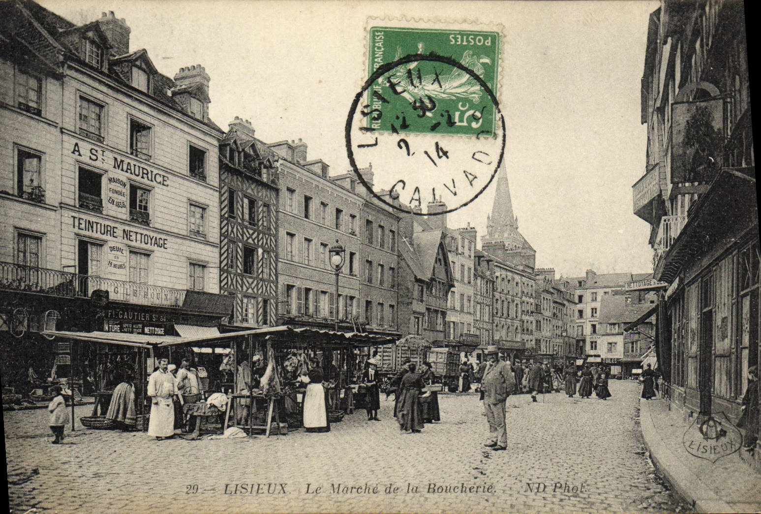 Mercado de Lisieux de la POSTAL de la VENDIMIA de la TAPA del carnicero de la carnicería