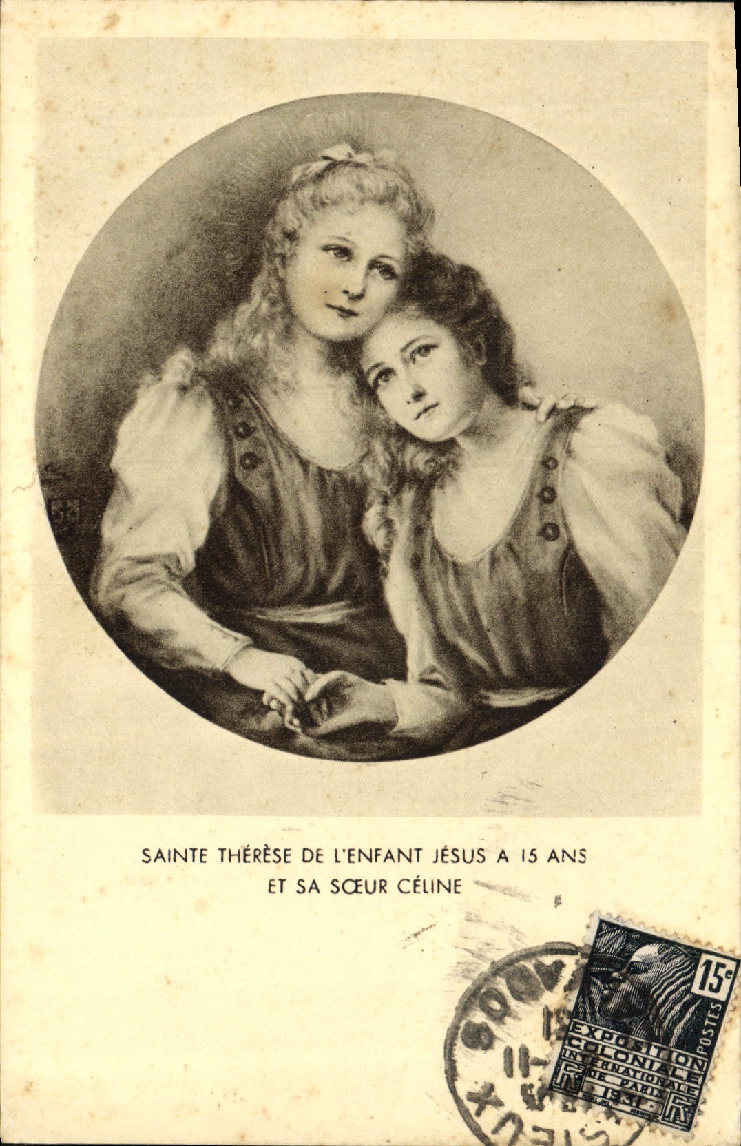 La POSTAL Sainte Teresa de la VENDIMIA del niño de Jesús tiene 15 años y su hermana Celine Lisieux