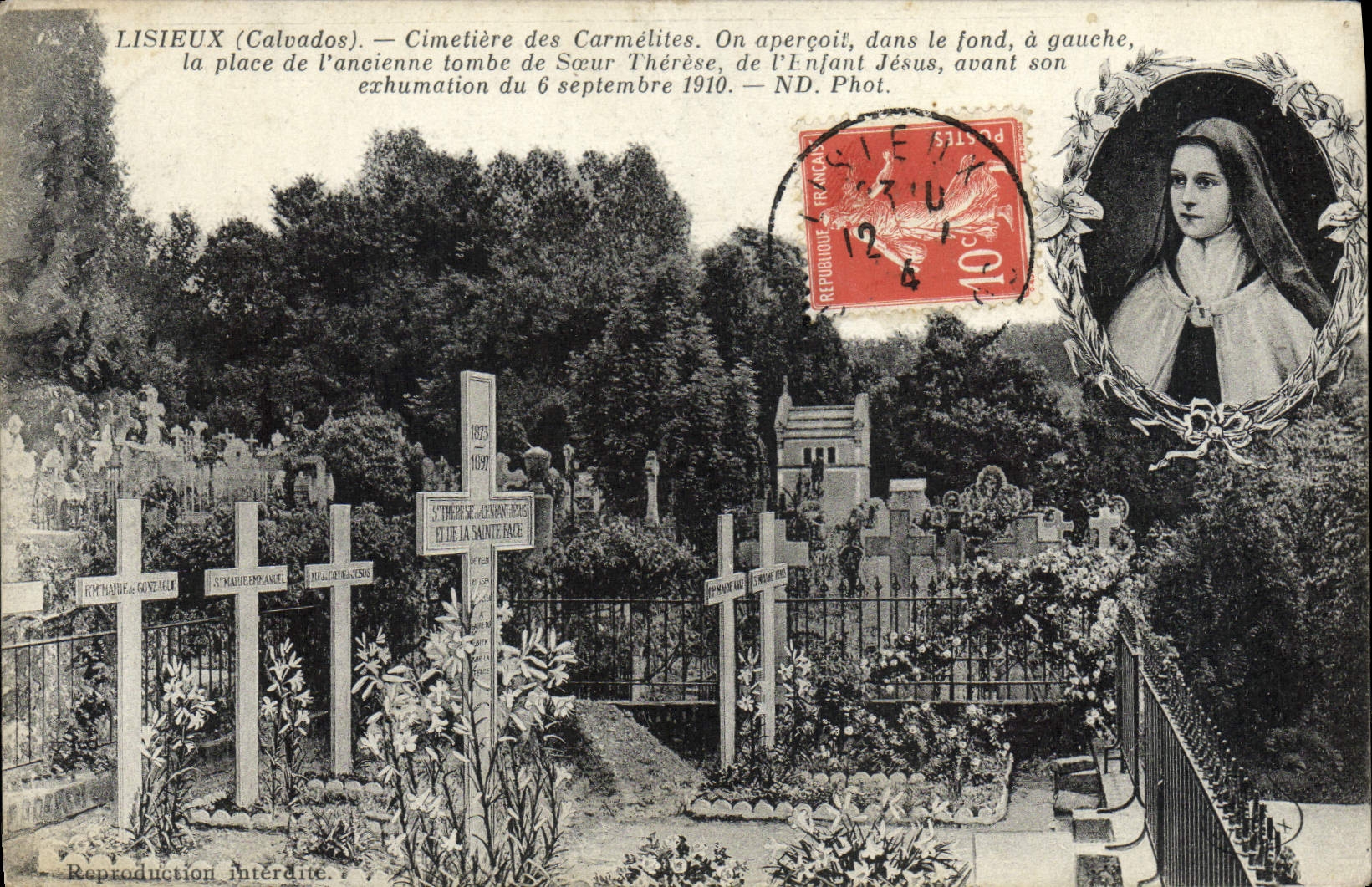 Cementerio de Lisieux Teresa de la POSTAL de la VENDIMIA de las monjas carmelitas de Jesús del niño