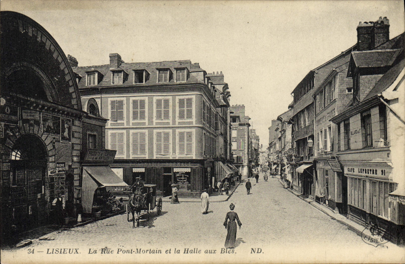 POSTAL Lisieux de la VENDIMIA el puente de Mortain de la calle y el intercambio de maíz