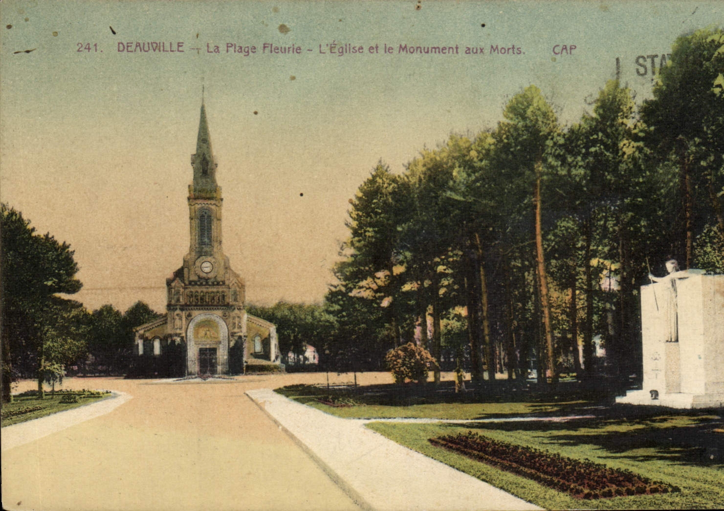 VINTAGE POSTCARD Deauville the flowered beach the church and the war memorial