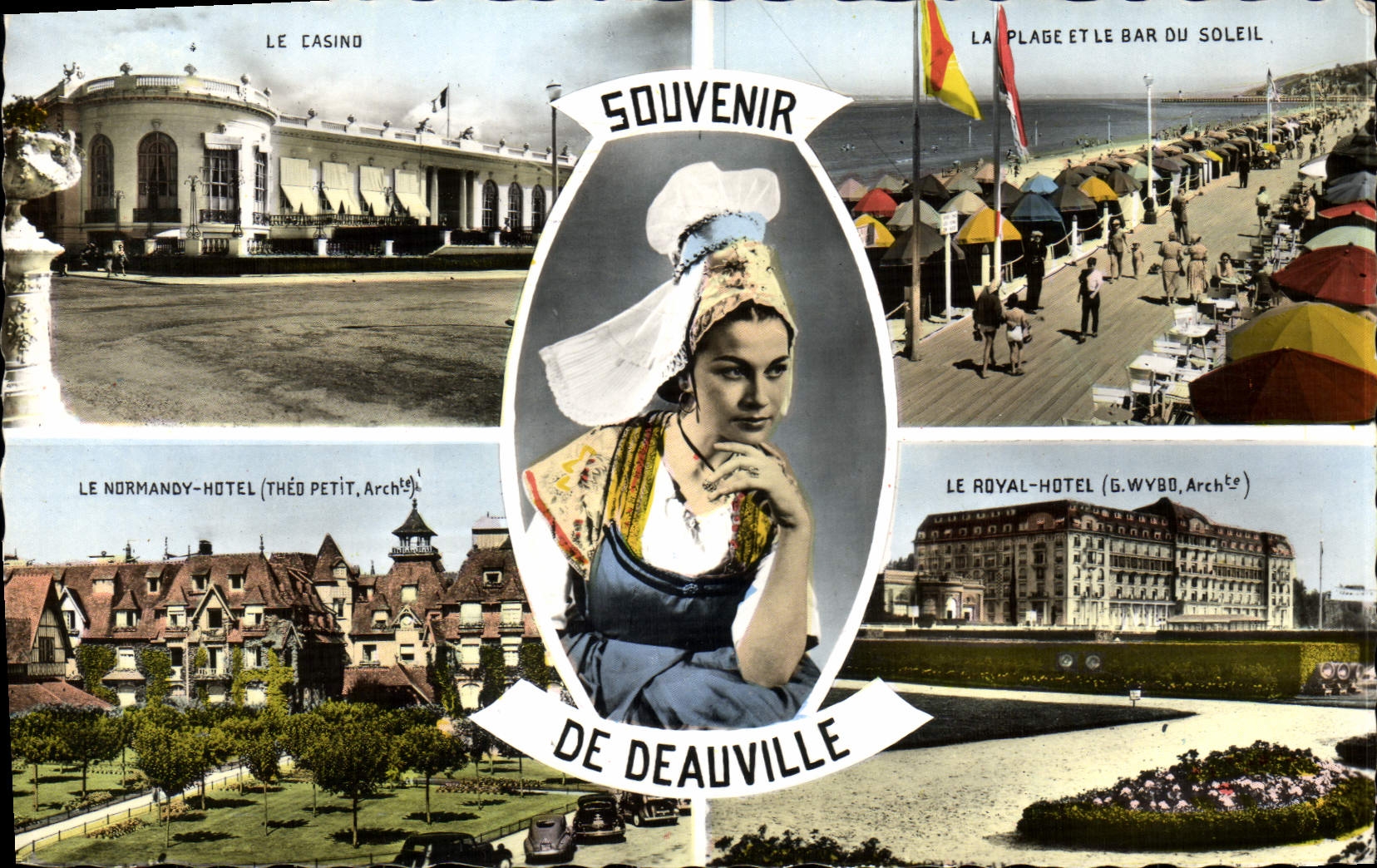 POSTAL de la VENDIMIA para recordar de Deauville el casino la playa y la barra del folklore del hotel de Normandía del sol